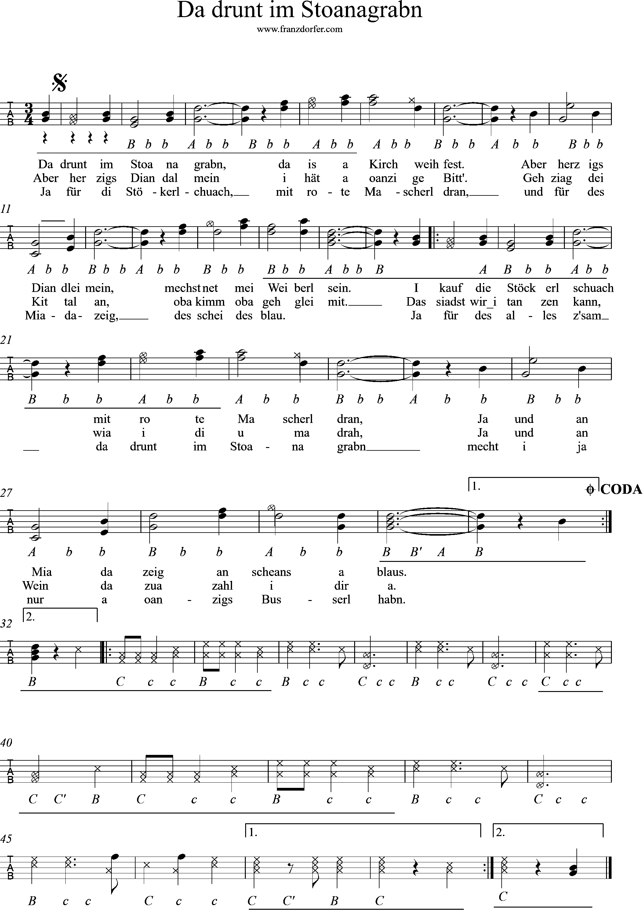 Ziachnoten, Griffschrift, Quetschn, da drunt im Stoanagraben Steirische Griffschrift lernen, - Da drunt im Stoanagraben